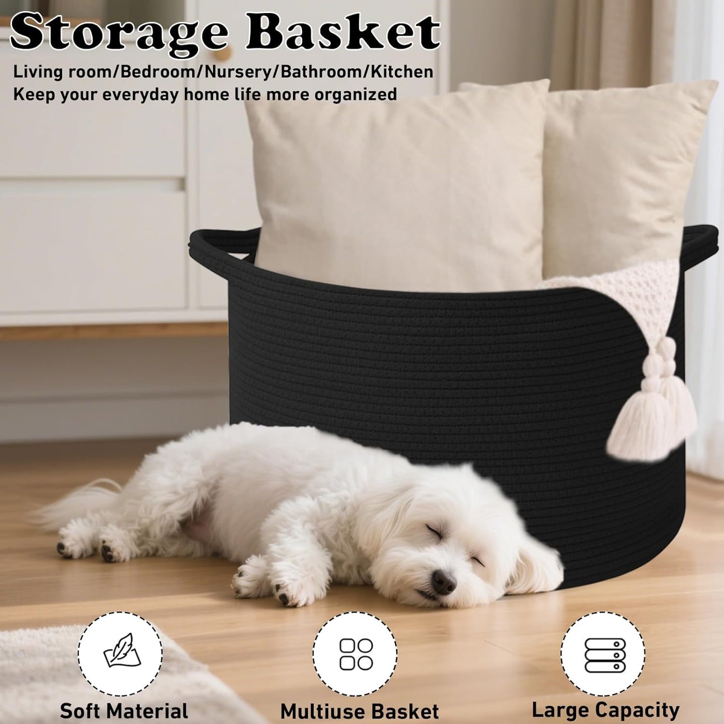 Large Woven Blanket Basket,65L Cotton Rope Laundry Basket Hamper with Handles, Decorative Nursery Basket Storage Bin for Toys, Clothes Organizer, Living Room, Bedroom, Bathroom, White & Brown