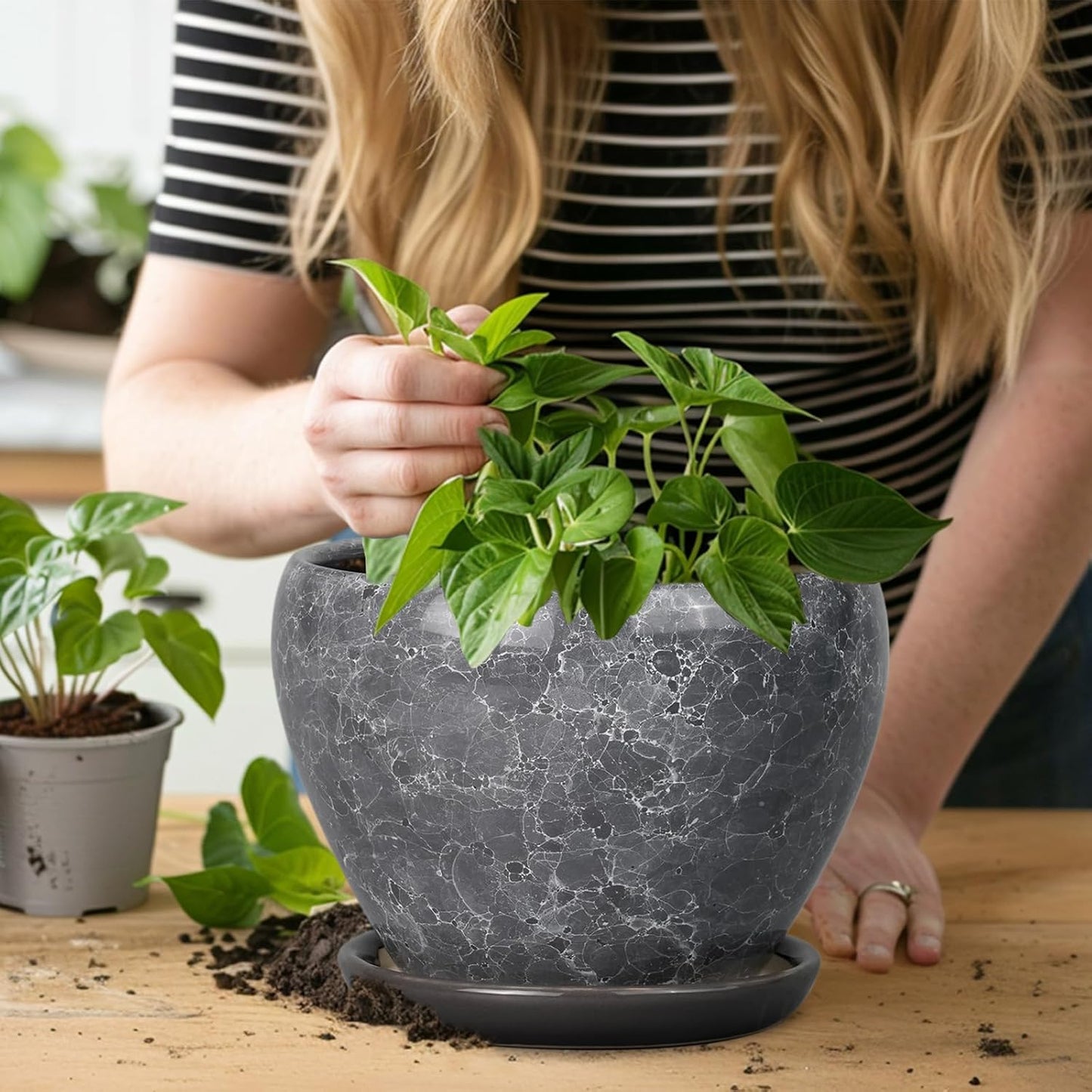 Ceramic Modern Glaze Succulent Planter Pot with Drainage Hole and Saucer 6 Inch Round Flower Plant Pot for Indoor Outdoor Herb Snake Plants