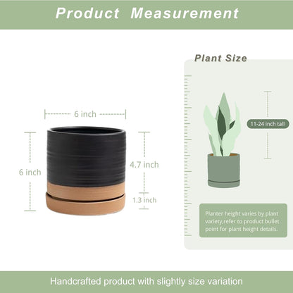 HERDUK 6 Inch Plant Pots, Ceramic Planter Pot with Drainage Hole & Saucer, Indoor/Outdoor Cylinder Round Planter Pot, Green & Beige