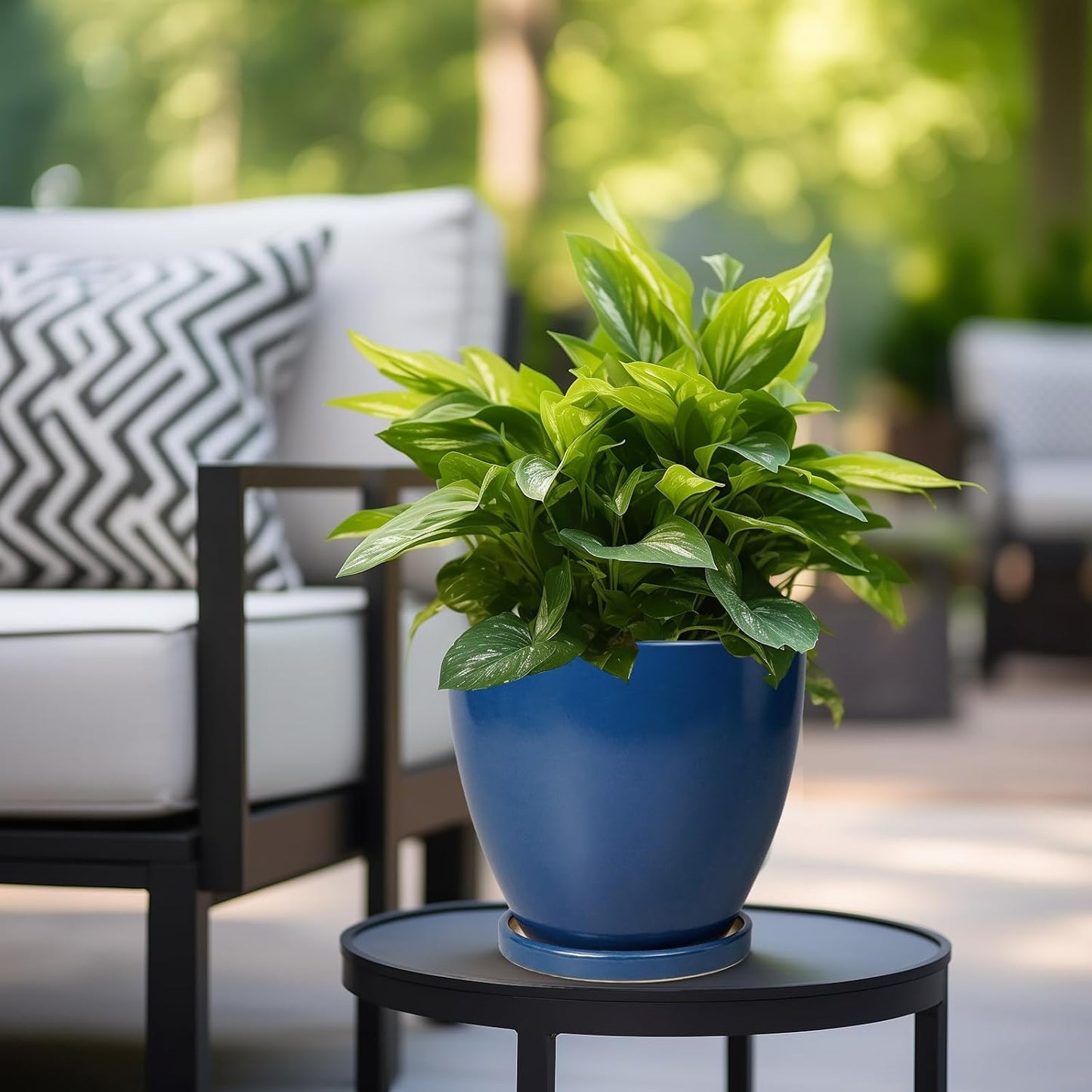 10 Inch Ceramic Planter Pot Round Plant Pot for Indoor Plants Outdoor Large Flower Pot with Drainage Hole and Saucer Blue