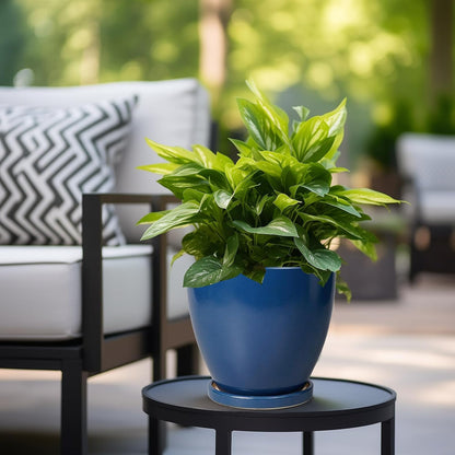 10 Inch Ceramic Planter Pot Round Plant Pot for Indoor Plants Outdoor Large Flower Pot with Drainage Hole and Saucer Blue