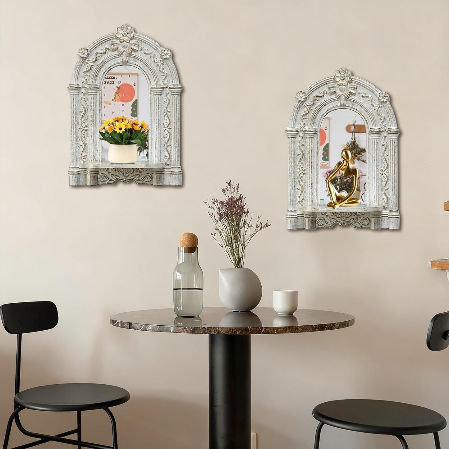 Three-Dimensional Relief Candle Sconces Set 2 Rustic Wall Mount Candle Holders Wood Hanging Wall Decor Mirrored Wall Art Hand Carved Home Decoration Gold