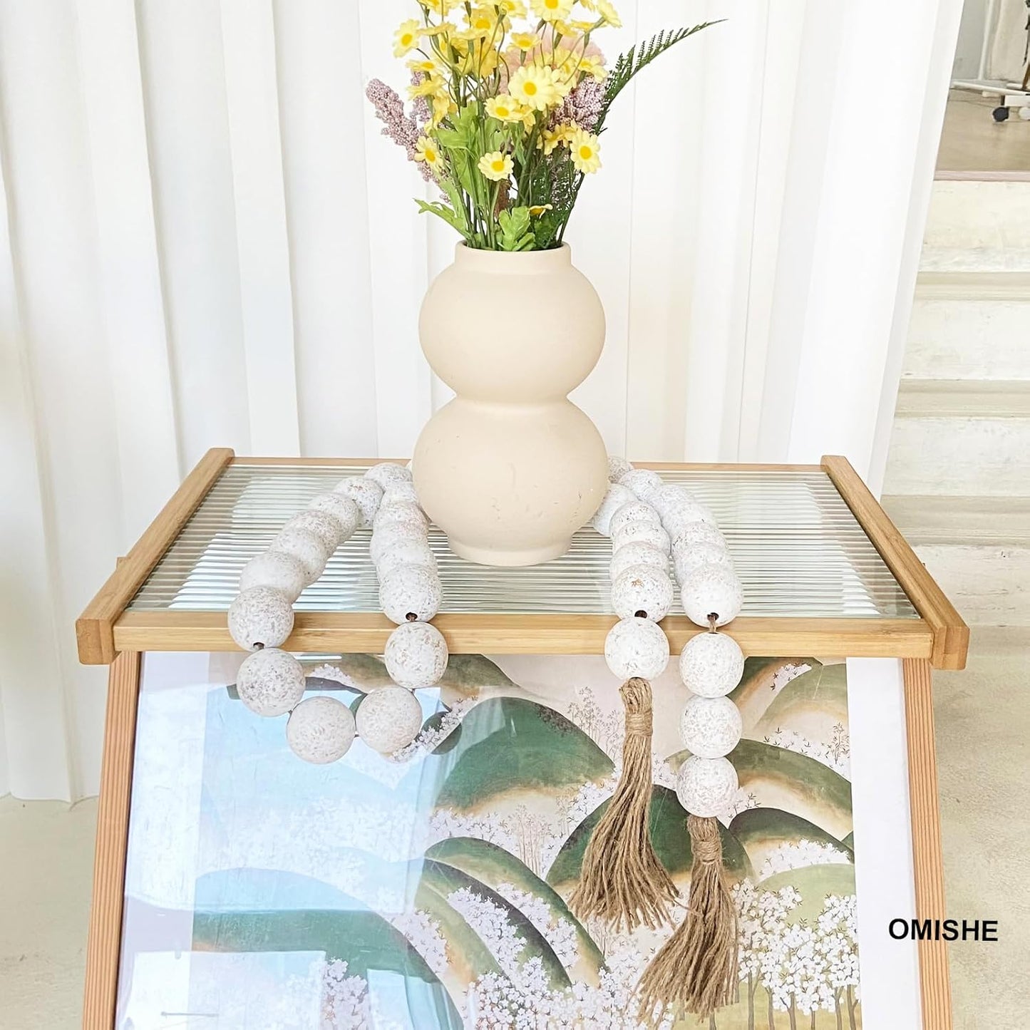 OMISHE Extra Large Wood Bead Garland with 1.6" Diameter Wooden Beads and Tassels, 41" Long Rustic Farmhouse Country Decorative Beads for Home Tiered Tray Decor, Natural Beige