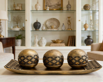 Gold Decorative Orbs with Tray Set, 3Pcs Resin Decorative Balls with Tray, Modern Accent Sphere for Coffee Table, Dining Table, Living Room, Entryway