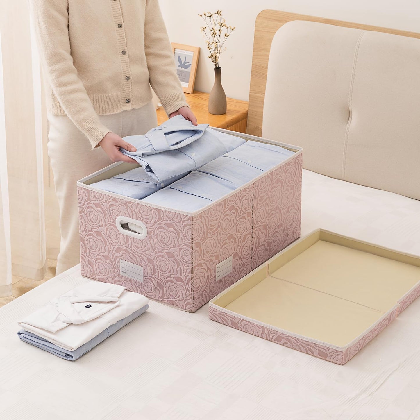 PRANDOM Larger Collapsible Storage Bin with Lid [1-Pack] Fabric Decorative Storage Box Cube Organizer Container Baskes with Handles Divider for Bedroom Closet Living Room Pink 17.7x11.8x11.8 Inch