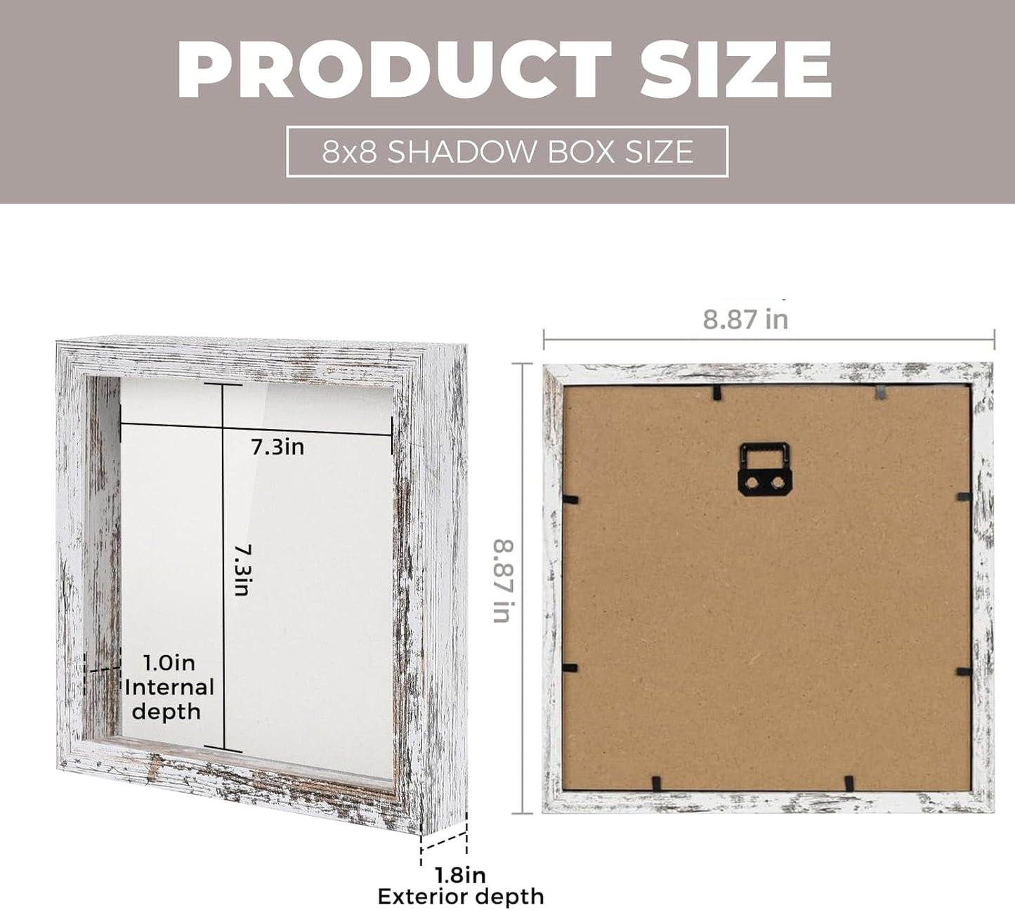 Muzilife 8x8 Shadow Box Picture Frame with Linen Board - Deep Wood & Glass Display Case Ready to Hang Memory Box Baby Sports Memorabilia, Pins, Awards, Medals, Wedding, Tickets and Photos (Black)