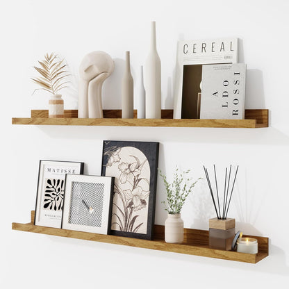 RICHFOCUS Picture Ledge Shelf, 24 inch Floating Shelves Set of 2, Wood Wall Shelves with Lip, Wall Decor Storage for Bedroom Living Room Bathroom Kitchen Nursery Photo Picture, Walnut