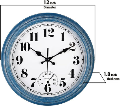 JENLYSTIME 12 Inch Indoor/Outdoor Retro Waterproof Wall Clock with Thermometer Silent Round Quartz Battery Operated Easy to Read Decorative for Kitchen Patio,Bathroom,Deck,Porch,Pool(Blue)