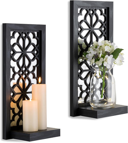 Farmhouse Wall Candle Holder Decor: Rustic Candle Sconces Set of Two for Pillar Candles - Brown Wooden Shelving for Fireplace Bathroom Hallway