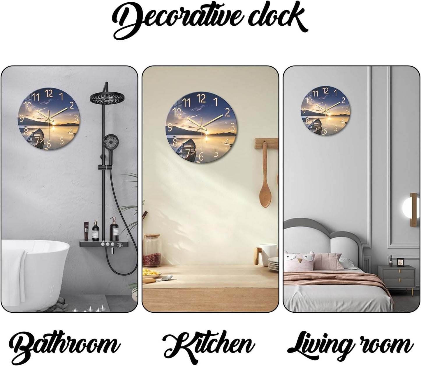 Beach Wall Clock Battery Operated 12 Inch Glass Wall Clock Non Ticking Analog Blue Wall Clocks for Bedroom Living Room Office Decor