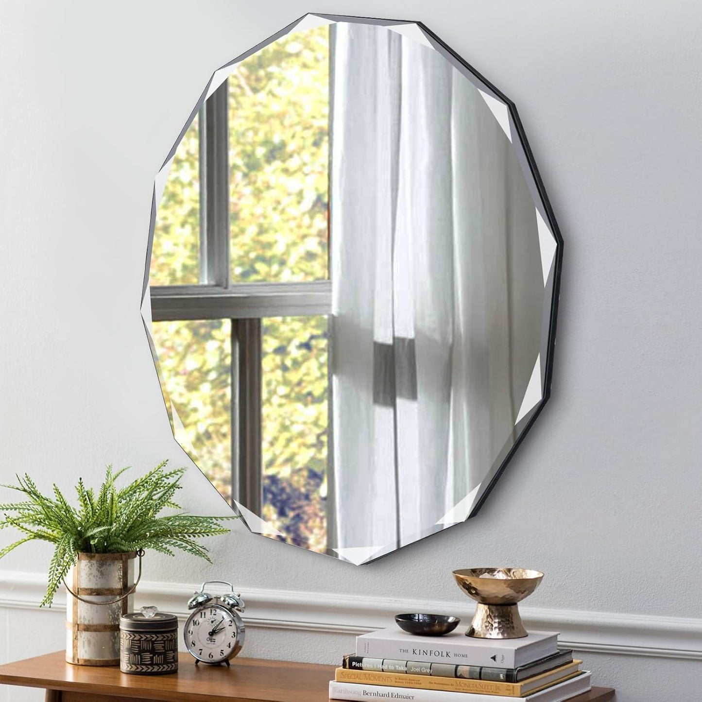 QDSSDECO Round Mirror Sunburst Wall Mirror 24" Beveled Edge Frameless for Living Room Bathroom Bedroom Entryway Decor