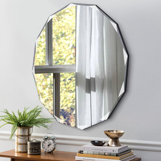 QDSSDECO Round Mirror Sunburst Wall Mirror 24" Beveled Edge Frameless for Living Room Bathroom Bedroom Entryway Decor