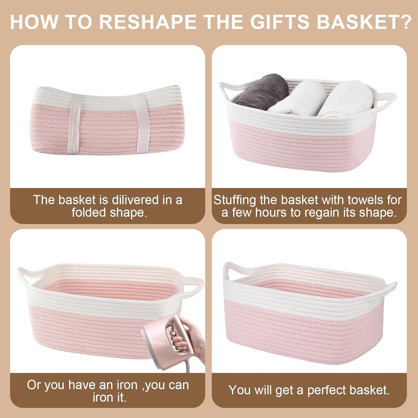 OIAHOMY Woven Basket, Gift Basket Empty with Gift Bags and Ribbons, Rope Baskets for Baby Showers, Storage Baskets with Handles for Nursery, Pet Toy Organizer - White