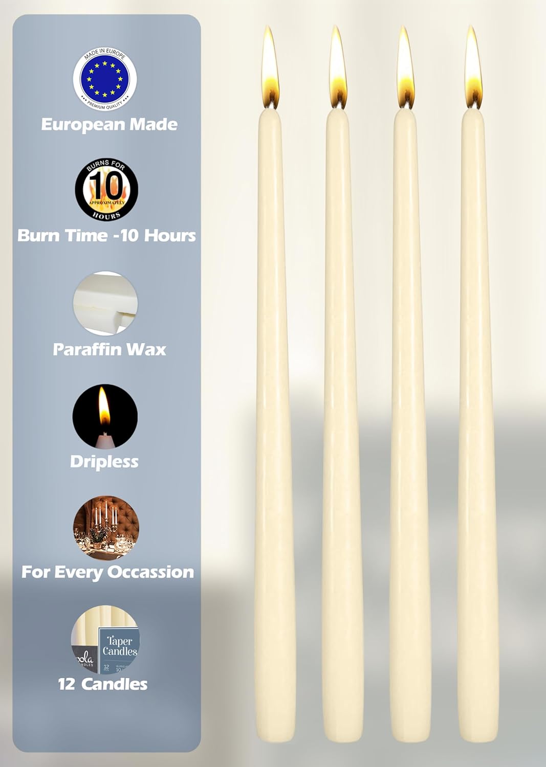 Hyoola 12 Pack Tall Taper Candles - 10 Inch Woolwhite Dripless, Unscented Dinner Candle - Paraffin Wax with Cotton Wicks - 8 Hour Burn Time