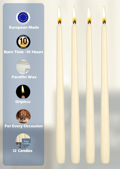 Hyoola 12 Pack Tall Taper Candles - 10 Inch Woolwhite Dripless, Unscented Dinner Candle - Paraffin Wax with Cotton Wicks - 8 Hour Burn Time