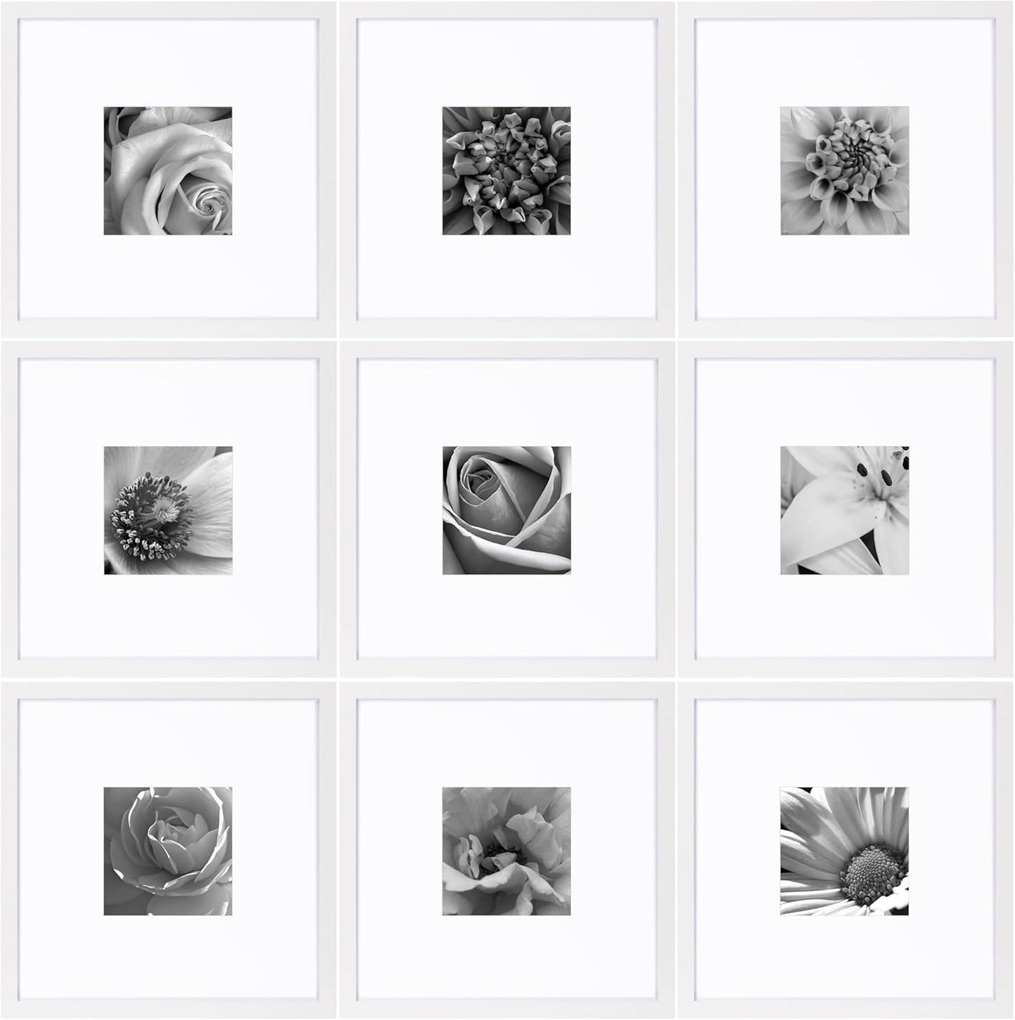 eletecpro 12x12 Picture Frames Set of 9 with Clear Acrylic Cover, Display 8x8 Photos with Mat or 12x12 Without, Classic and Sturdy Square Collage Gallery Wall Decor, Easy Wall Mount, Black