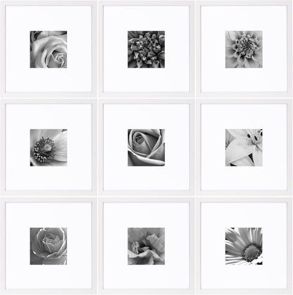 eletecpro 12x12 Picture Frames Set of 9 with Clear Acrylic Cover, Display 8x8 Photos with Mat or 12x12 Without, Classic and Sturdy Square Collage Gallery Wall Decor, Easy Wall Mount, Black