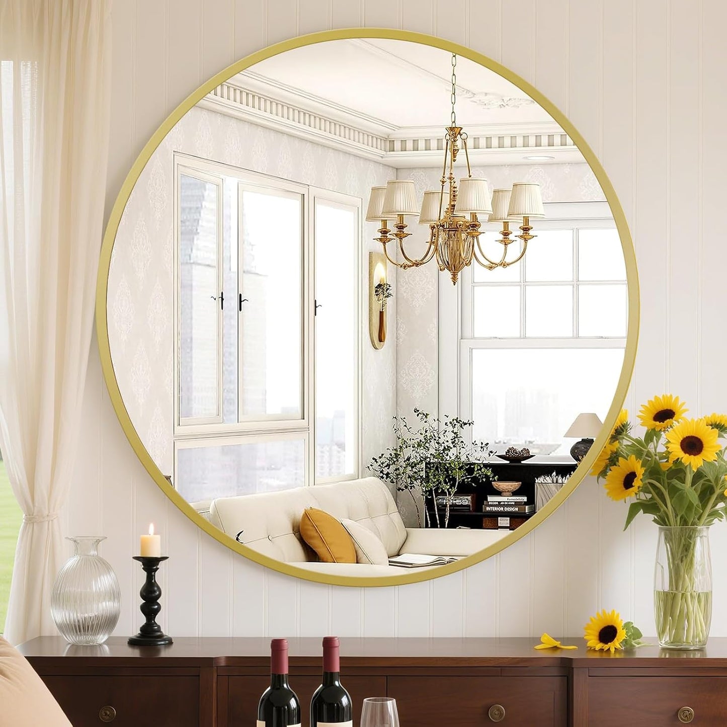 Sweetcrispy 24 Inch Round Wall Mirror with Tempered Glass, Bathroom Mirror Over Sink, Anti-Fog & Waterproof Round Mirror for Bathroom, Entryway, Bedroom, Shatterproof Design, Black