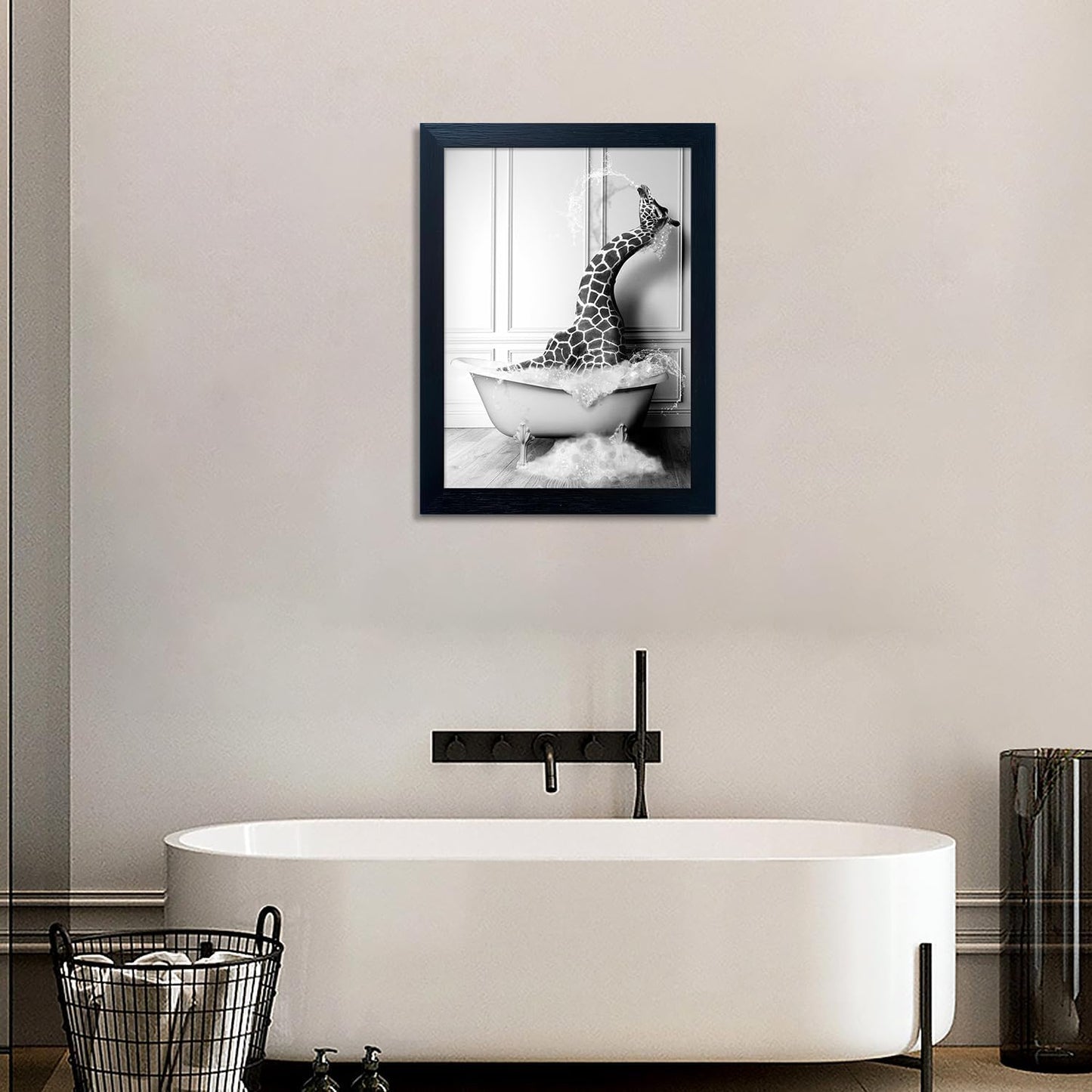 Bathroom Picture Wall Decor, Framed Black and White Bathroom Wall Art, Toilet Paper in Little Funny Raccoon's Hand Animal Canvas Print Painting
