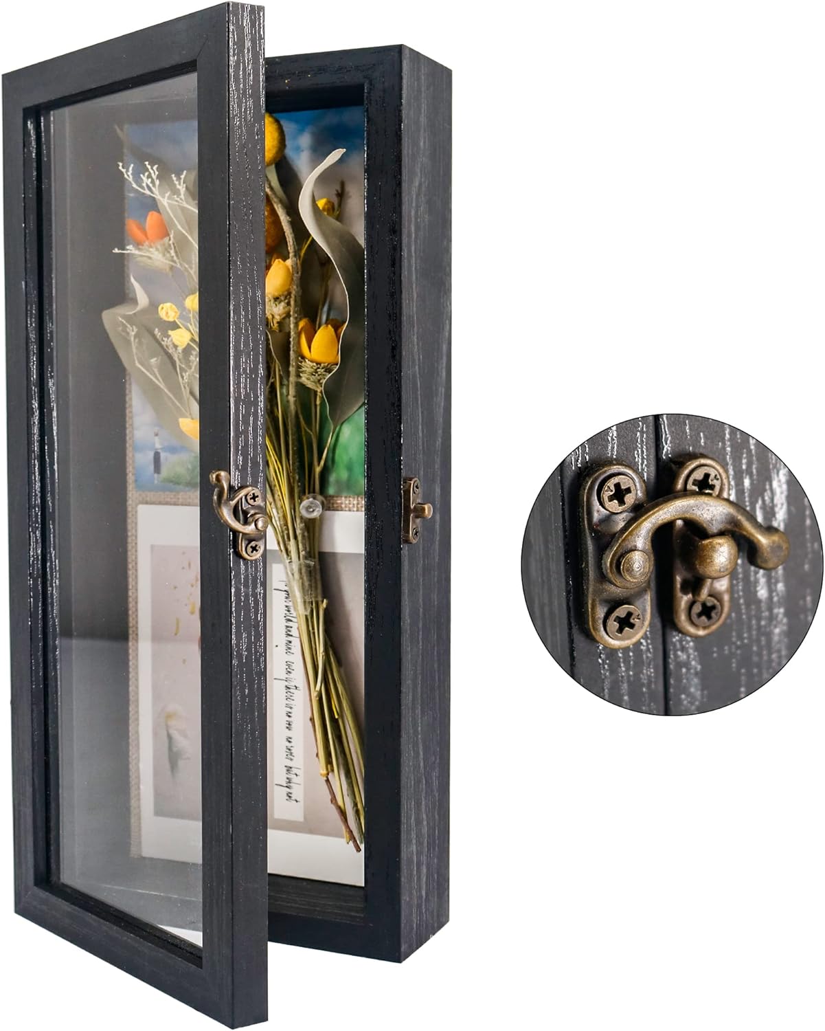 GraduatePro Shadow Box Frame 11x14 Display Case with Linen Back, Real Glass Window Door with Hinge, Picture Frame Wedding Bouquet Memorabilia Medals Photos Memory Box for Keepsakes, Carbonized Black