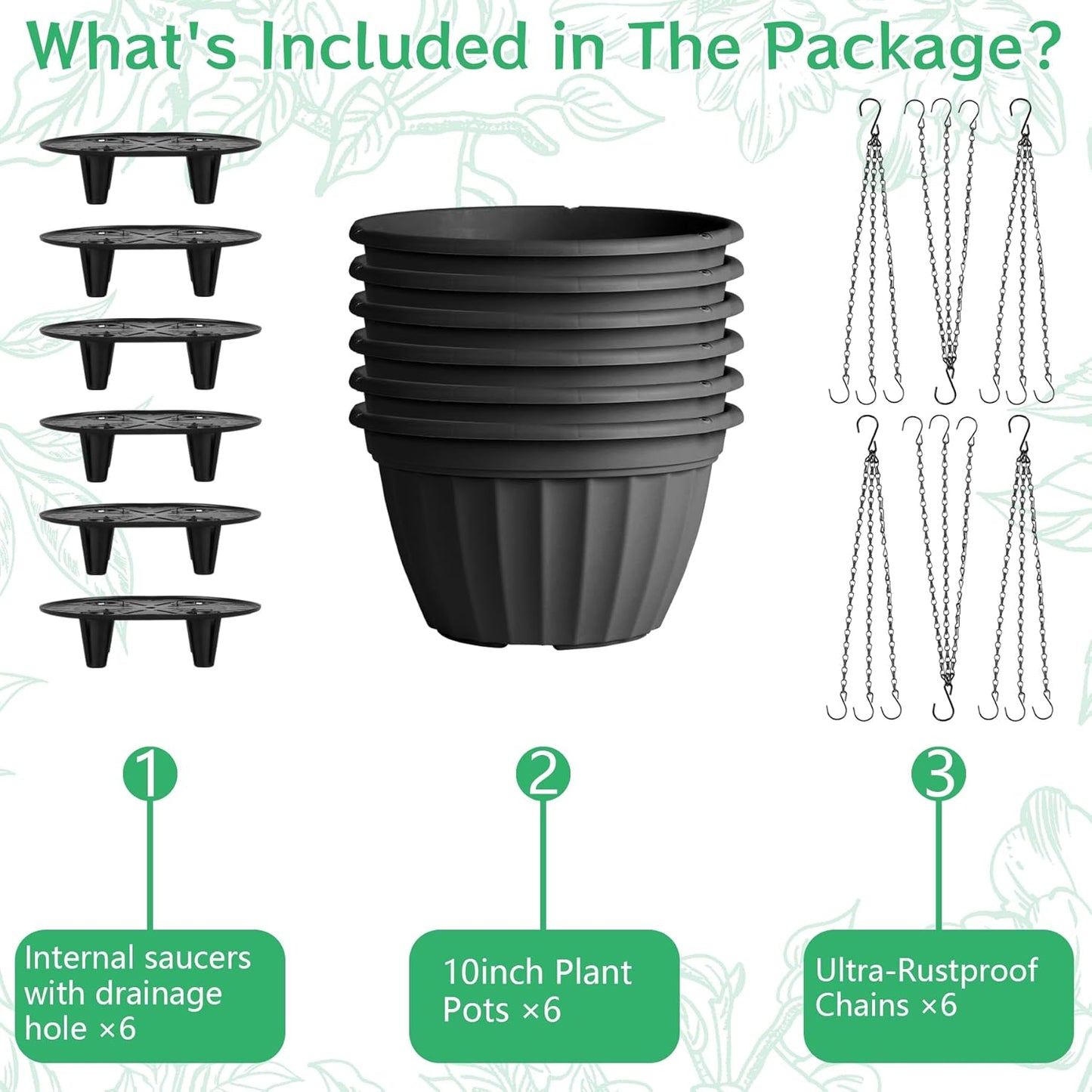 FGstyle Hanging Planters 10 Inch, 4 Pcs Self Watering Pots for Indoor Plants,Plastic Hanging Basket with Soil Elevator and 20" Chain for Home Garden Porch Balcony Patio Decor(Black)