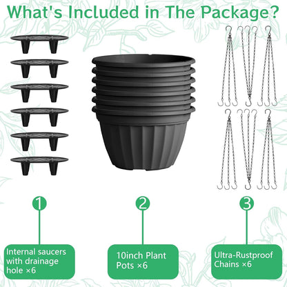 FGstyle Hanging Planters 10 Inch, 4 Pcs Self Watering Pots for Indoor Plants,Plastic Hanging Basket with Soil Elevator and 20" Chain for Home Garden Porch Balcony Patio Decor(Black)