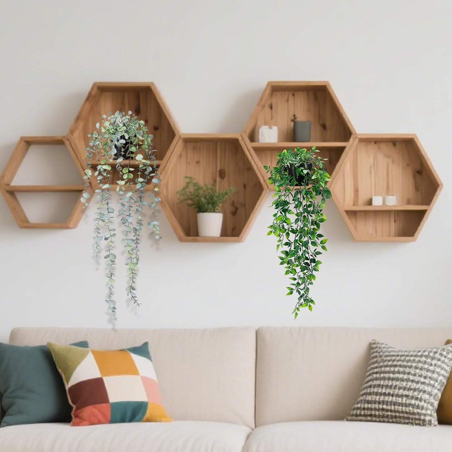 Clearain 1pcs Fake Hanging Plants, Artificial Small Potted Plants, Mini Faux Succulent Plant for Indoor Outdoor Aesthetic Office Living Room Shelf Home Decor (Eucalyptus leaves-1pcs)