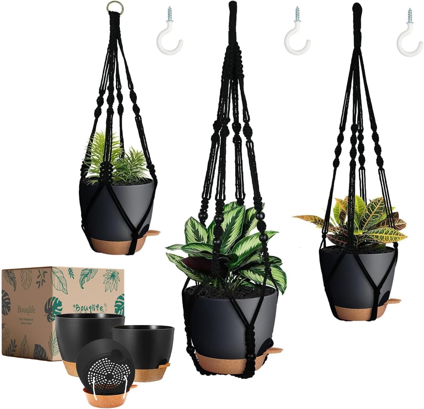 Bouqlife Hanging Planters with Macrame Plant Hangers for Indoor Outdoor Plants 3 Set Self Watering Pots Hanging Baskets Flower Pot Holders 3 Different Size