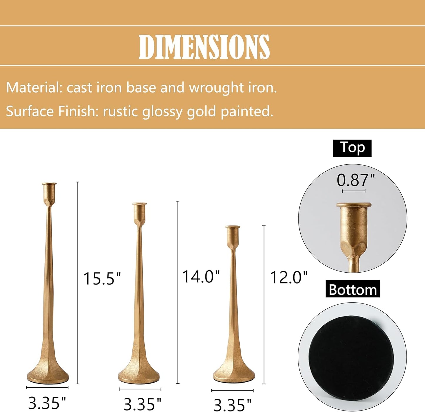 Denique Iron Taper Candle Holder Set of 3, Gold Candlestick Holders Decorative Candle Stand, Tapered Candle Holders Tall Set for Wedding, Dining Table, Home Decoration (Gold)