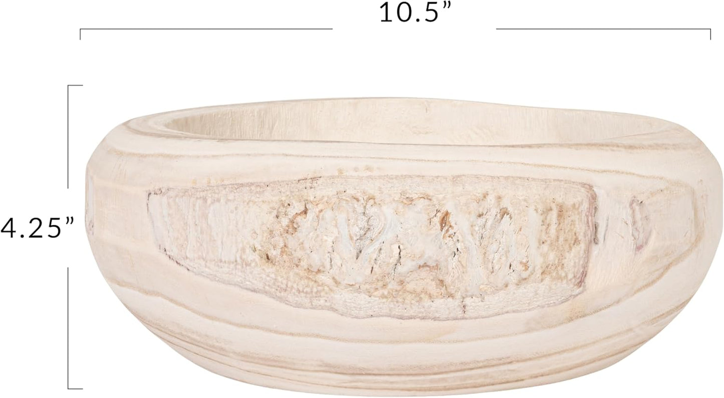 Bloomingville Decorative Hand-Carved Paulownia Wood Bowl, Whitewashed, 10.5 in Diameter, 4.25 in Tall
