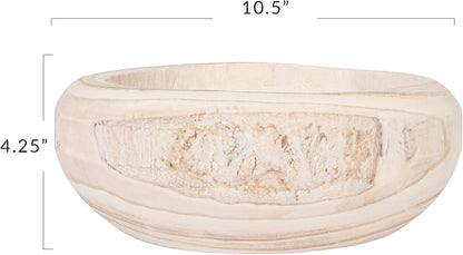 Bloomingville Decorative Hand-Carved Paulownia Wood Bowl, Whitewashed, 10.5 in Diameter, 4.25 in Tall