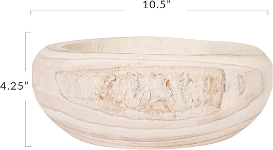 Bloomingville Decorative Hand-Carved Paulownia Wood Bowl, Whitewashed, 10.5 in Diameter, 4.25 in Tall