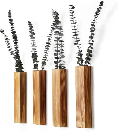 Wooden Wall Planter Set of 4 - Modern Home Decor for Living Room, Bedroom, Bathroom - Walnut Finish Planter for Dried Flowers, Faux Greenery, Indoor Plants