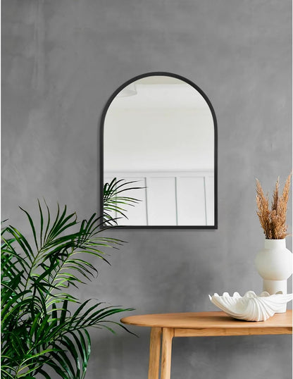 Black Arched Wall Mirror Aluminum Alloy Frame Bathroom Mirror Brushed Metal Vanity Wall Mounted Mirror for LivingRoom Bedroom Entryway Room Home Decor 16"x12"