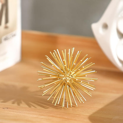 Metal Decorative Starburst Ball, 6 Inch Gold Sphere Decor, Spiky Star Burst Tabletop Sculpture, Mid-Century Modern Metal Spike Ball for Home, Living Room, Office & Shelf Decor