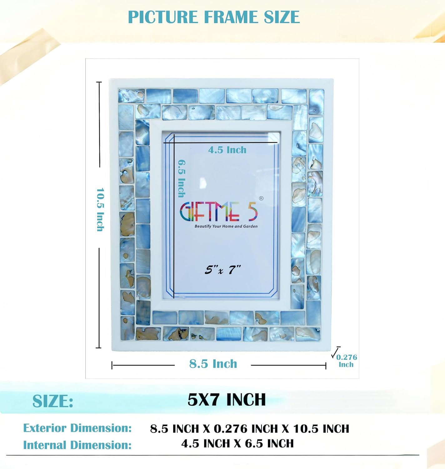 Silver Plate Picture Frame 5x7 Mother of Pearl 5 by 7 Photo Frame Mosaic Glass Tabletop Frame (Grey+ White,1pc)