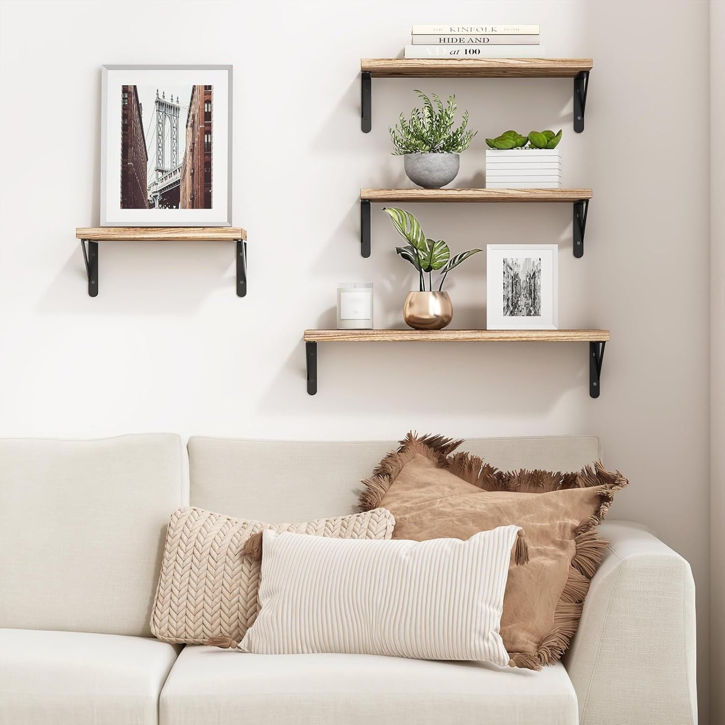 YGEOMER Floating Shelves for Wall, Different Sizes Dark Carbonized Brown Wall Shelves for Living Room, Bathroom, Bedroom, Kitchen, Home Decor (Set of 4)