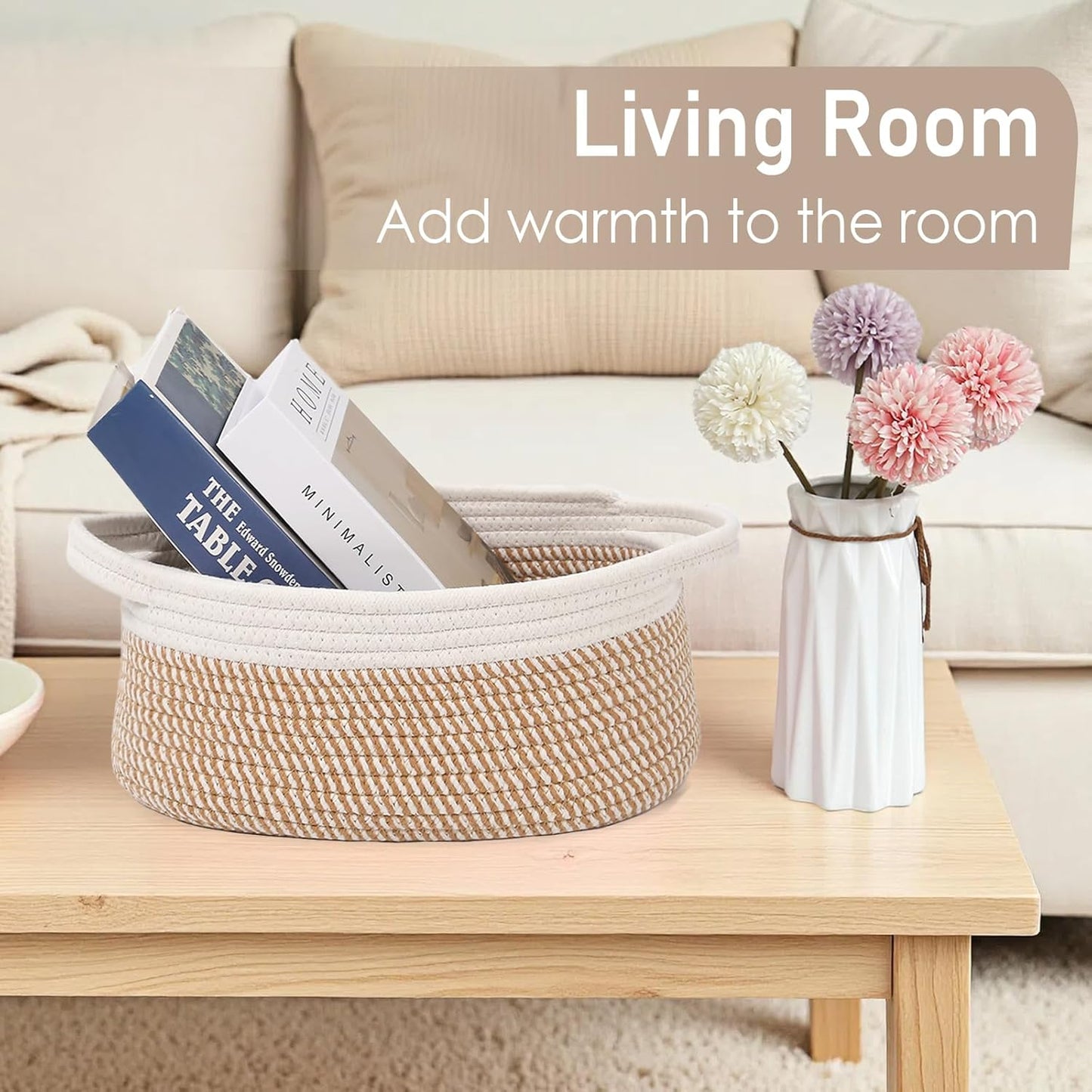 JMvicyroam Woven Basket,Small Rope Storage Bin with Handles & Ribbon Bag, Organizer for Shelves Closets,Gift Basket Empty for Birthday,Books,Dog Toys,White