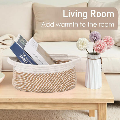 JMvicyroam Woven Basket,Small Rope Storage Bin with Handles & Ribbon Bag, Organizer for Shelves Closets,Gift Basket Empty for Birthday,Books,Dog Toys,White