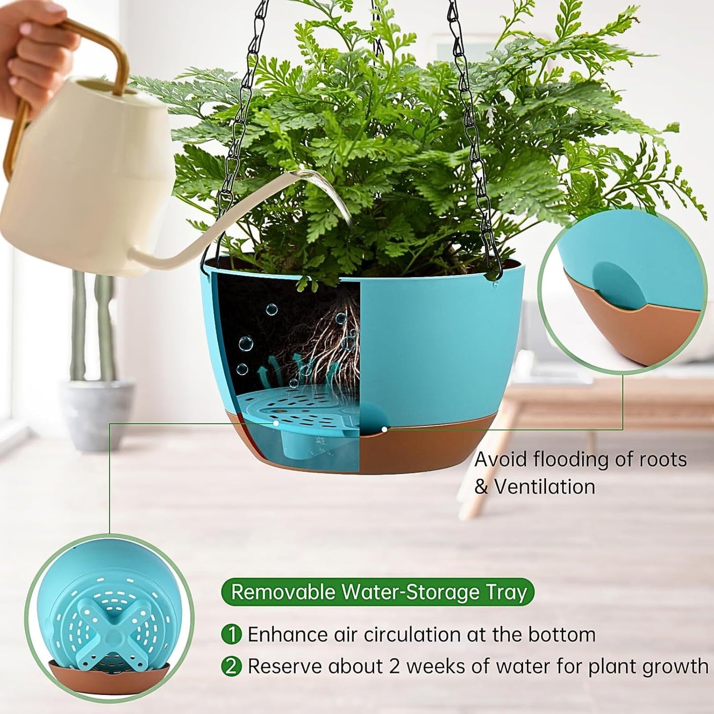 Set of 2 Hanging Planters for Indoor Outdoor Plants, 8 Inch Self-Watering Hanging Flower Pots with Drainage Hole & Removable Water-Storage Tray (Hooks)