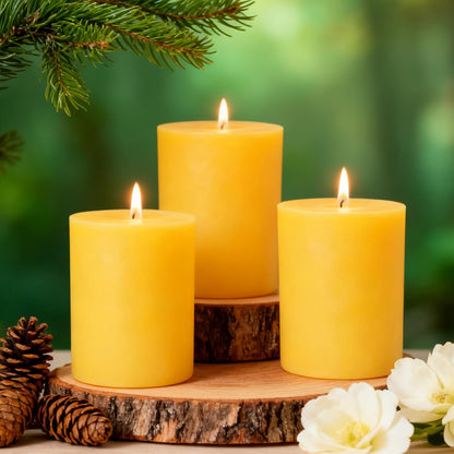 Set of 3 Natural Beeswax Pillar Candles - 3 inch Wide (3 inch 4inch 6inch Tall) - 100% Pure Bees Wax Candles, Long Burning, Unscented Smokeless & Dripless, for Emergency, Home Decor