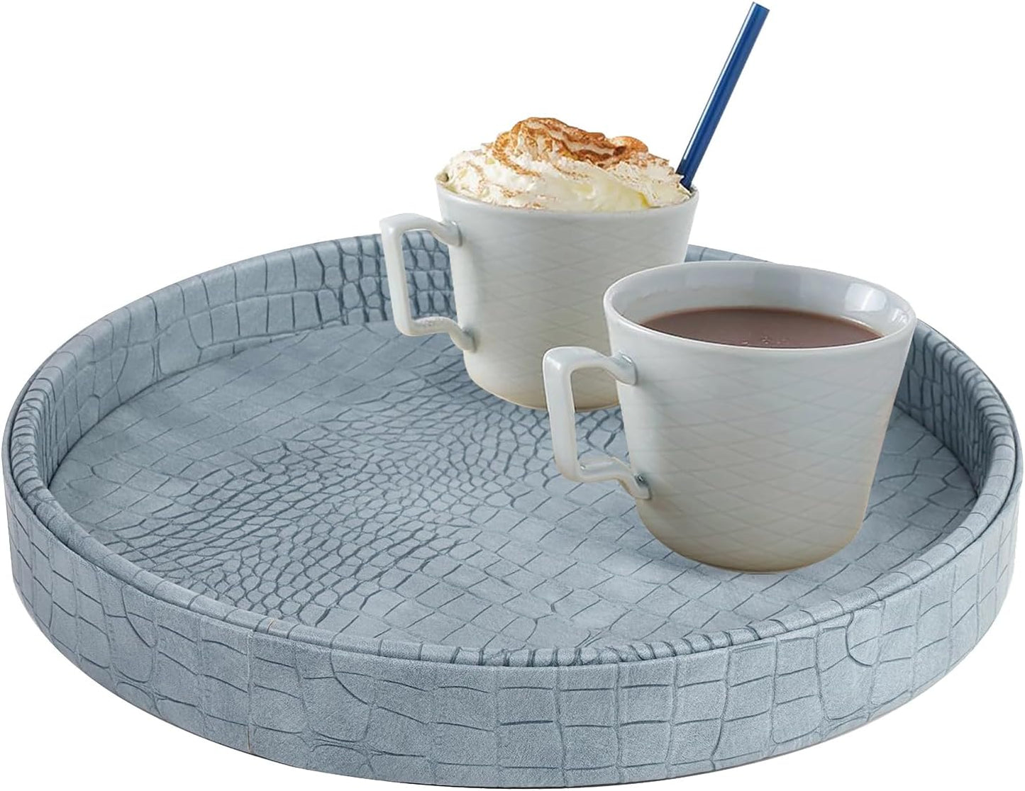 HofferRuffer Round Serving Tray 20'', Elegant Faux Leather Circle Ottoman Table Tray, Serve Tea Coffee Breakfast in Bedroom Living Room Kitchen (Brown)