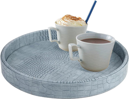 HofferRuffer Round Serving Tray 20'', Elegant Faux Leather Circle Ottoman Table Tray, Serve Tea Coffee Breakfast in Bedroom Living Room Kitchen (Brown)