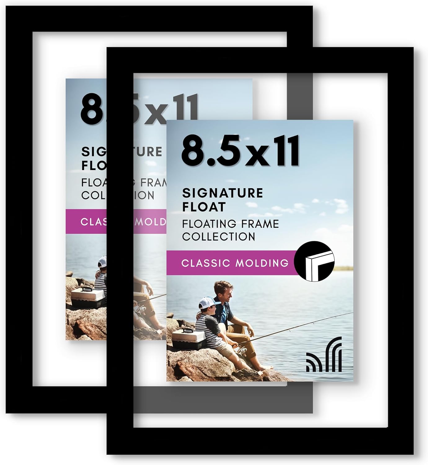 Americanflat 8.5x11 Floating Picture Frame with Polished Crystal-Clear Glass - Set of 2 - Use as 5x7 Frame or Display 4x6 Photo - Signature Float Collection - Photo Frames for Wall Display - Black