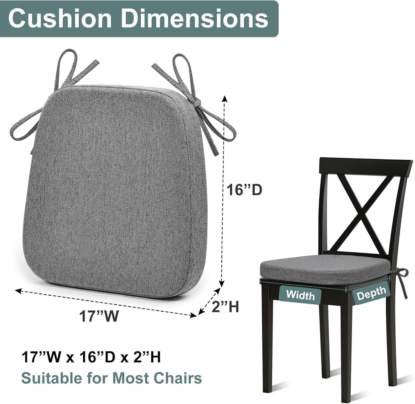 Shinnwa Dining Chair Pads, Patented Design Memory Foam Kitchen Chair Cushions with Ties and Washable Cover, 17" x 16" x 2", Black