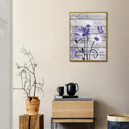 HVEST Farmhouse Floral Wall Art for Living Room, Blue and White Daisy Flower and Butterfly on Rustic Wood Board Canvas Wall Art Framed Artwork Ready to Hang for Bathroom Bedroom Decor, 16L X 12W