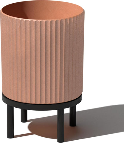 Veradek Demi Series Round Planter w/ Stand for Porch/Patio | Durable Plastic-Concrete & Wooden Stand | Modern Décor for Tall Plants, Flowers