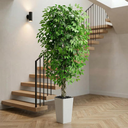Artificial Ficus Tree 6FT Faux Plants Indoor Tall Fake Plants with White Planter, Green Lifelike Lush Fake Ficus Tree for Home Living Room Bedroom Outdoor Balcony House Office Decor