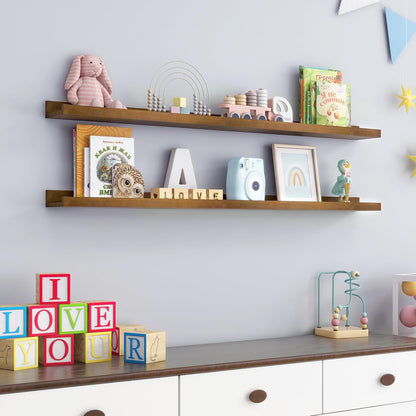 FLYJOE Picture Ledge Shelf, Floating Shelves Set of 2, Solid Pine Wood 55'' Long Large Nursery Book Shelves for Toys Storage, Kids Bookshelf for Living Room Bedroom Decor Books Photo Frames, Walnut