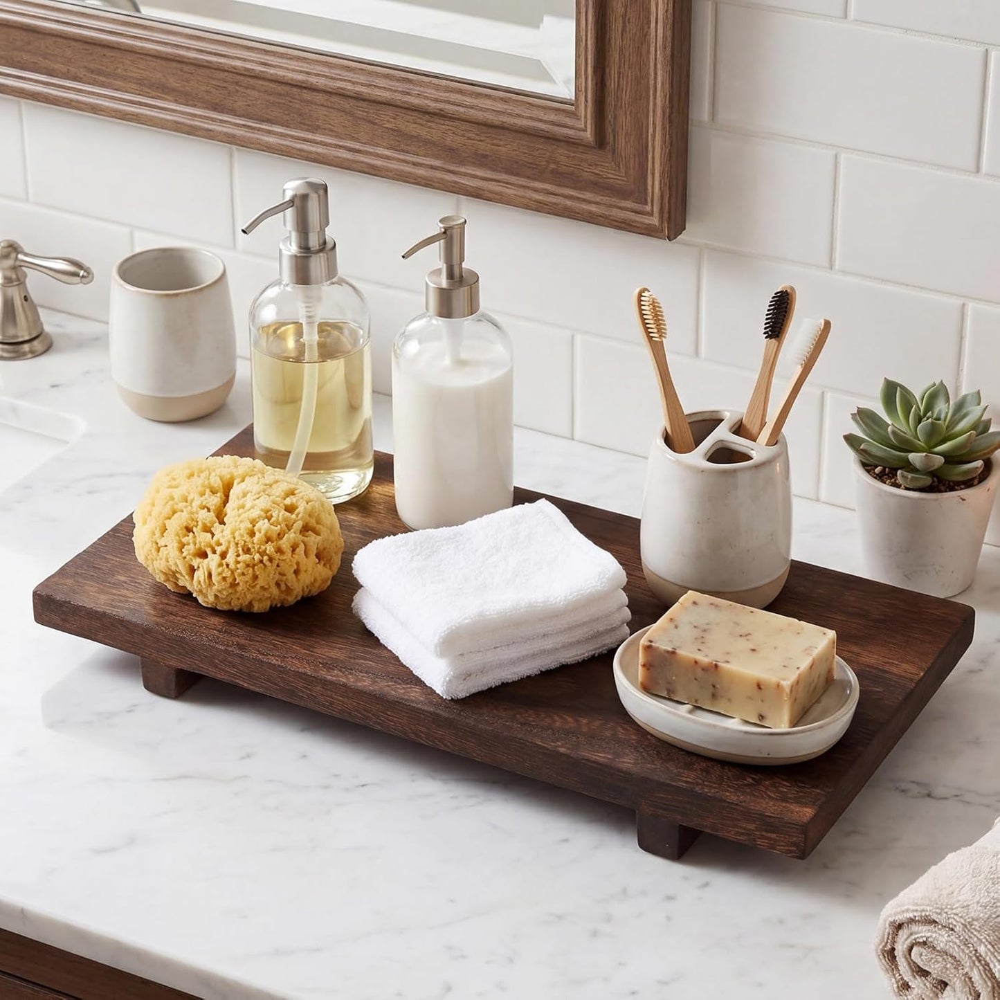 Nuogo Wood Riser Tray Soap, Stand Soap Tray for Kitchen Sink, Wood Pedestal for Kitchen Counter Sink Stand Decorative Rustic Bathroom Dishes Plant Bottles Candles Display(12 x 7 Inch,Brown)